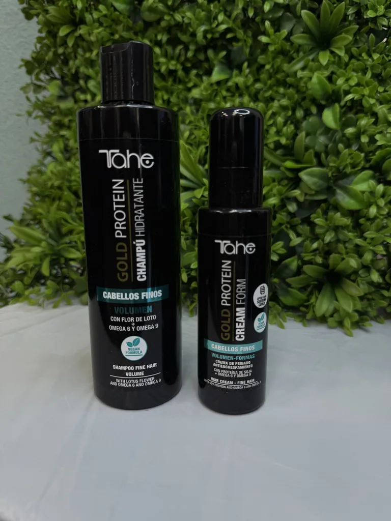 Tahe Gold Protein para cabellos finos, champú hidratante y crema con volumen