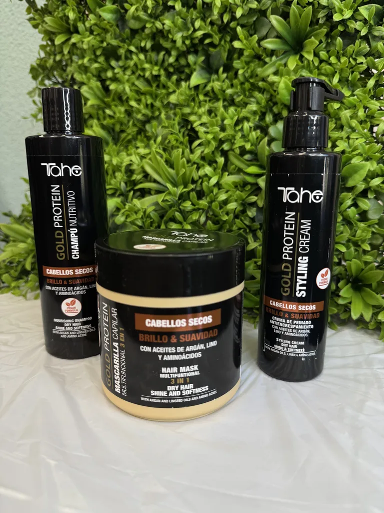 Tahe Gold Protein para cabellos secos, champú, mascarilla y crema de peinado